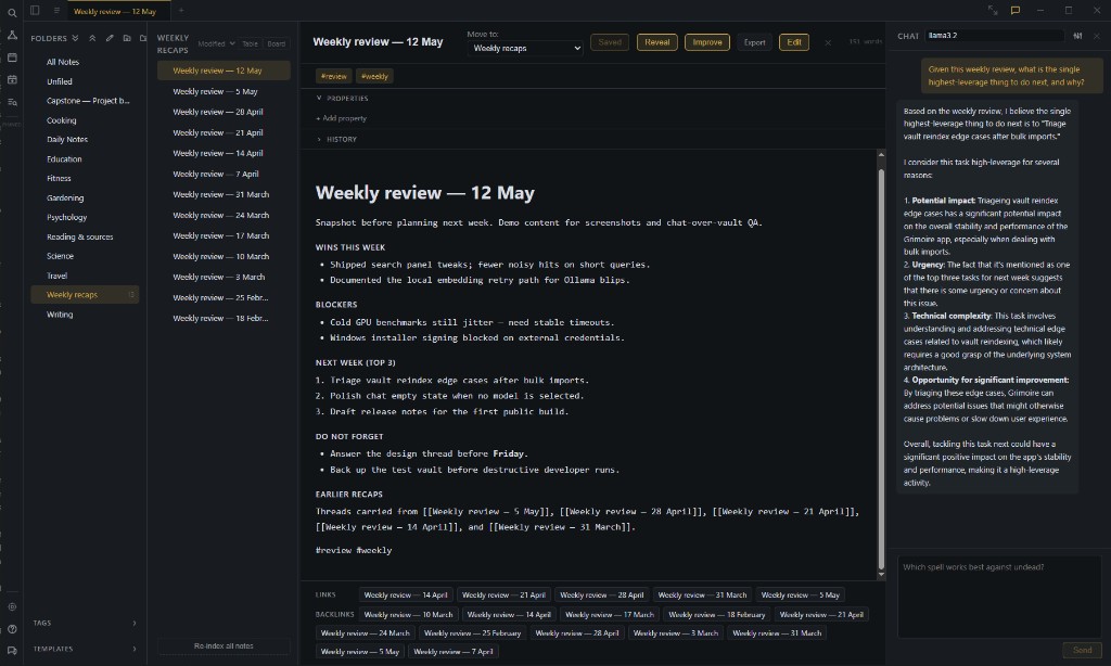 Grimoire desktop app: sidebar with folders and notes, weekly review in the editor, and a local AI chat panel using llama3.2.